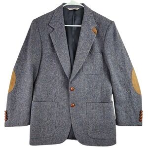 Stafford Tailored Tweed Herringbone Blazer Mens 42 Blue Suede Elbow Patches